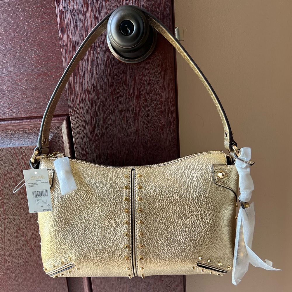 Michael Kors Astor Gold Studded Leather Shoulder Bag NWT